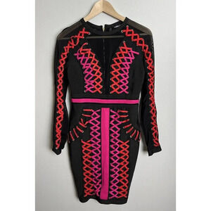 Bebe Mesh Crisscross Sexy Bodycon Long Sleeve Dress Size Small Stretch Women’s